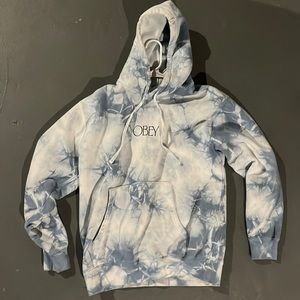 (S) Obey Hoodie tie-dye blue and white with Obey emblem on front